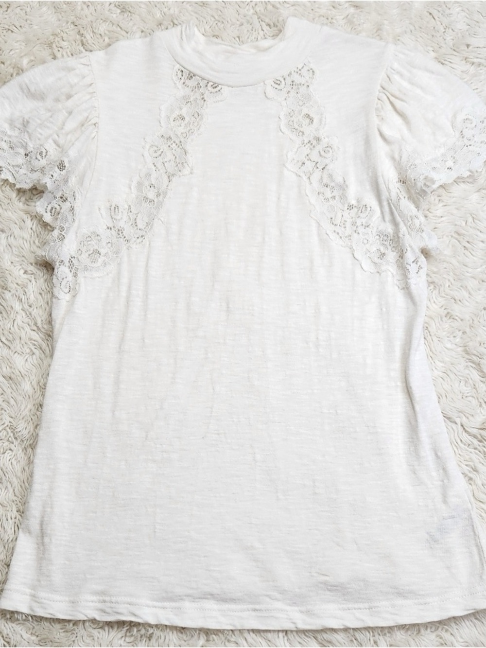 Women's White Lace-Trim Short Sleeve Top